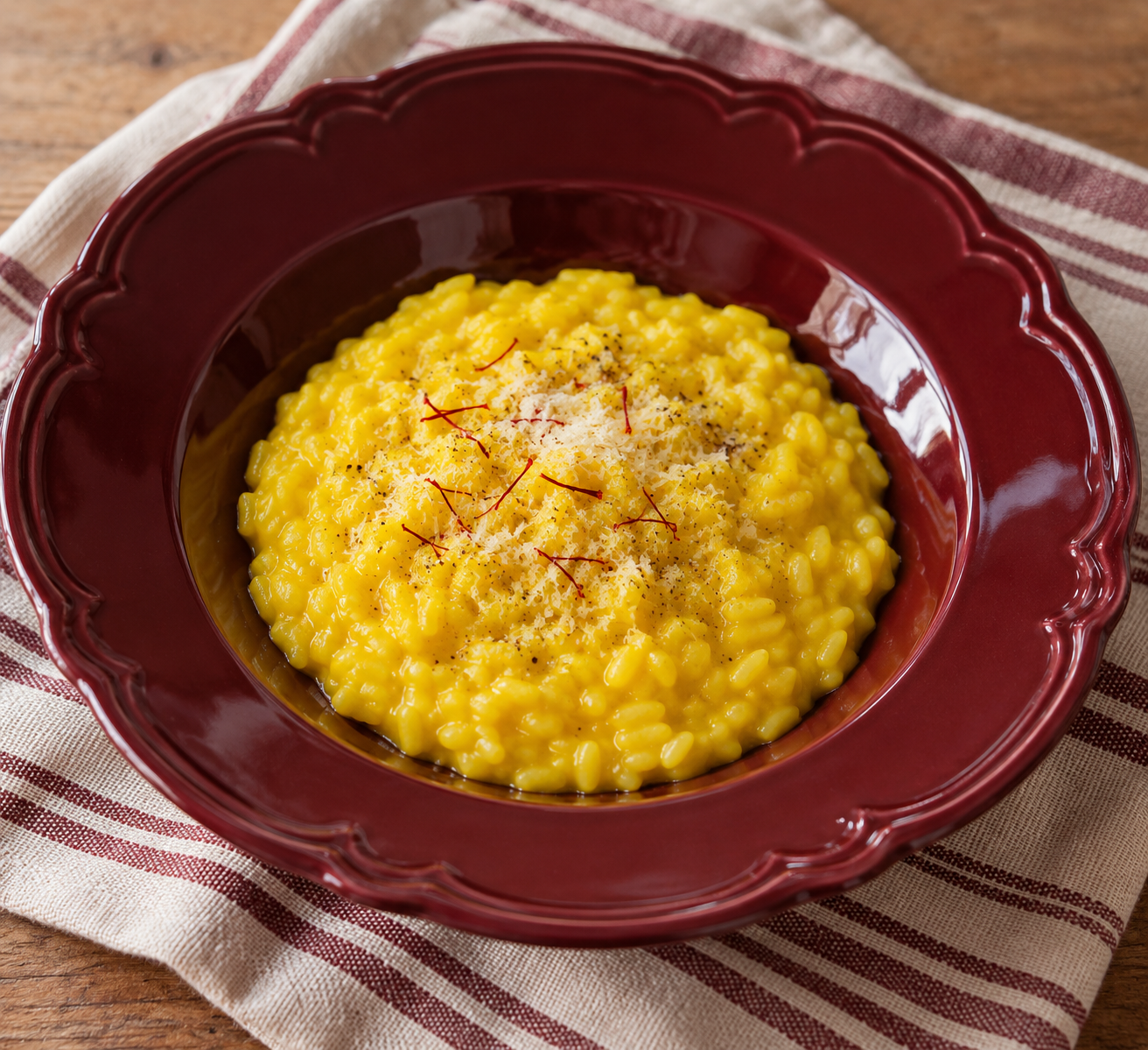 Saffron risotto in a burgundy bowl